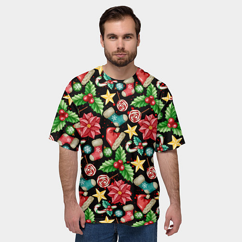 Мужская футболка оверсайз Зимний праздничный орнамент / 3D-принт – фото 3