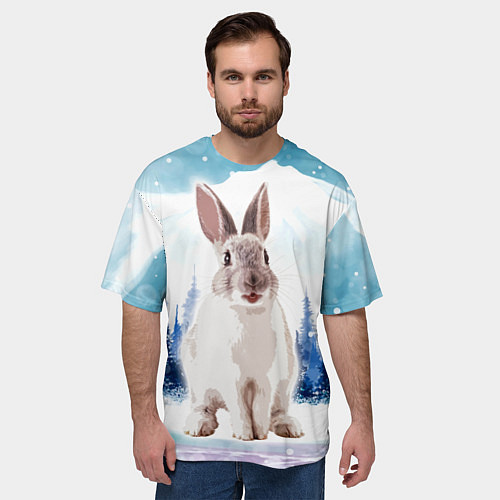 Мужская футболка оверсайз Кролик в зимнем лесу / 3D-принт – фото 3