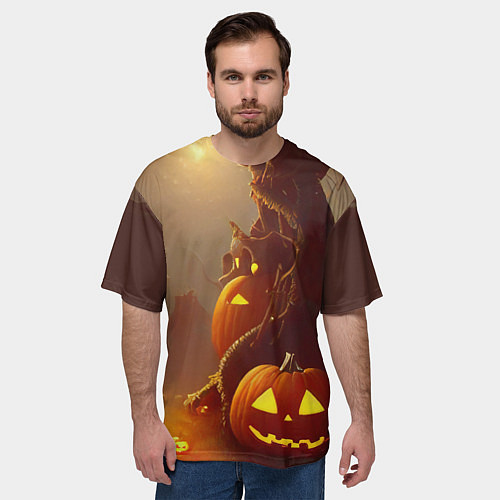 Мужская футболка оверсайз Жуткое дерево и улыбающаяся тыква на Хэллоуин / 3D-принт – фото 3