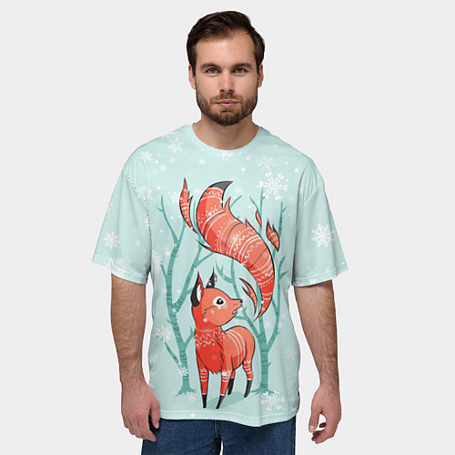 Мужская футболка оверсайз Лисица в снежном лесу / 3D-принт – фото 3