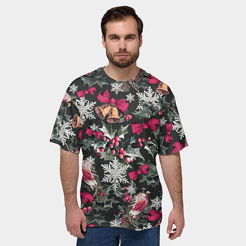 Мужская футболка оверсайз Новый год колокольчики, птицы, снежинки / 3D-принт – фото 3