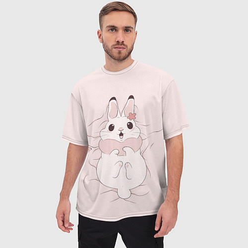 Мужская футболка оверсайз Милый кролик на розовом / 3D-принт – фото 3