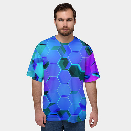 Мужская футболка оверсайз Синие неоновые плиты / 3D-принт – фото 3