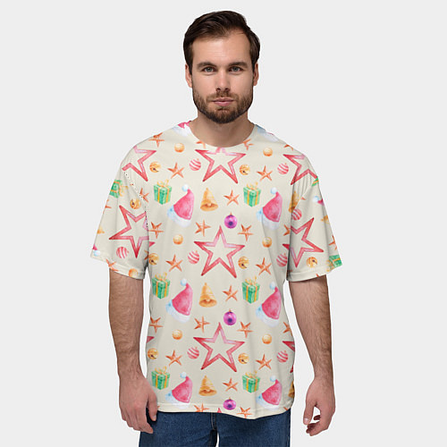 Мужская футболка оверсайз Новогодние звезды и шарики / 3D-принт – фото 3