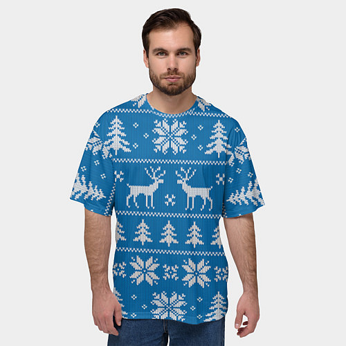 Мужская футболка оверсайз Рождественский синий свитер с оленями / 3D-принт – фото 3