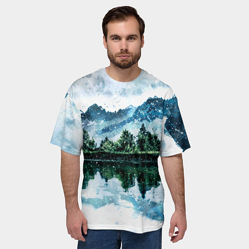 Мужская футболка оверсайз Горный пейзаж акварелью / 3D-принт – фото 3