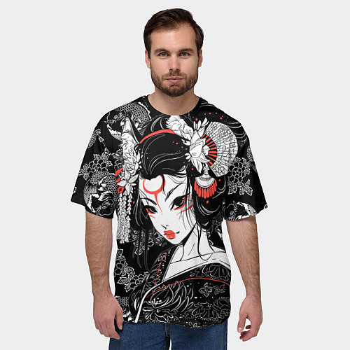 Мужская футболка оверсайз Гейша - кошка / 3D-принт – фото 3