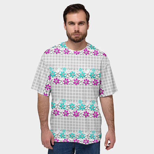 Мужская футболка оверсайз Цветочный узор бирюзово-розовый на сером клетчатом / 3D-принт – фото 3