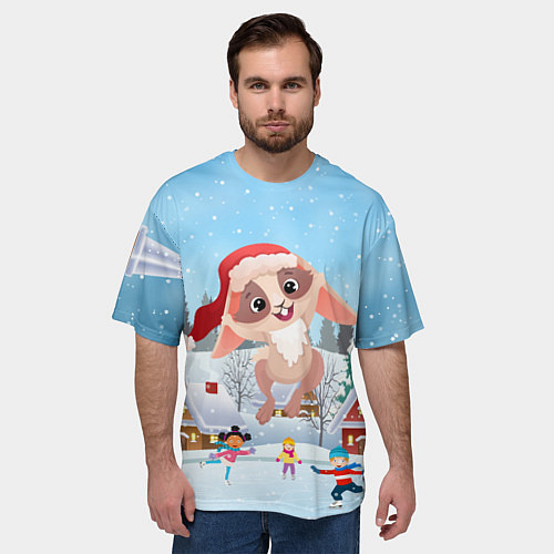 Мужская футболка оверсайз Счастливый новогодний зайчик / 3D-принт – фото 3