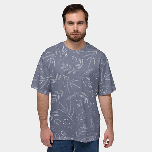 Мужская футболка оверсайз Минималистичный растительный узор на серо-голубом / 3D-принт – фото 3