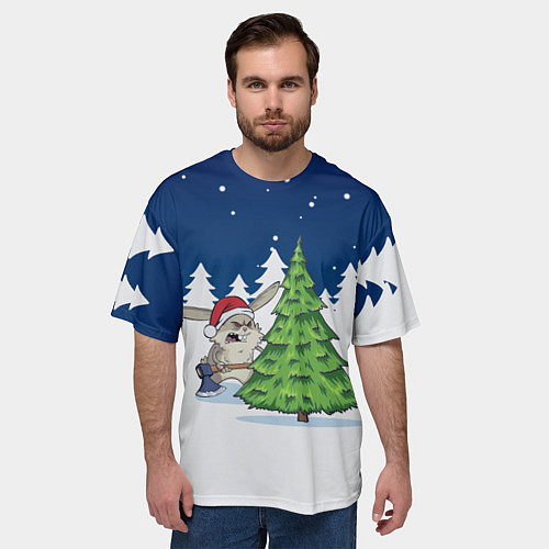 Мужская футболка оверсайз Злой кролик и ёлка - 2023 / 3D-принт – фото 3