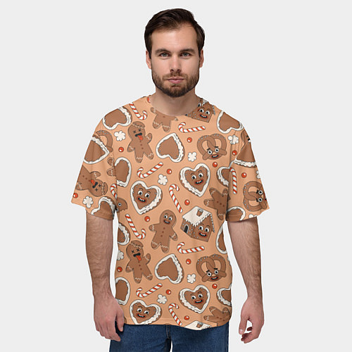 Мужская футболка оверсайз Новогодний паттерн с печеньем / 3D-принт – фото 3