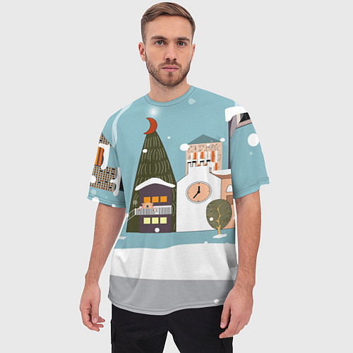 Мужская футболка оверсайз Новогодний городок / 3D-принт – фото 3