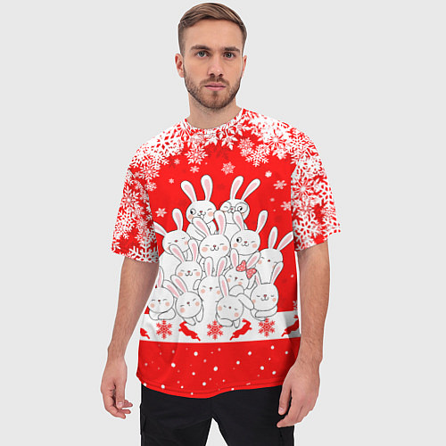Мужская футболка оверсайз Новогодняя елка в виде кроликов / 3D-принт – фото 3