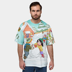 Футболка оверсайз мужская Новогодние каникулы - дети лепят снеговика, цвет: 3D-принт — фото 2