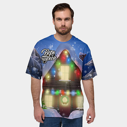 Мужская футболка оверсайз Праздничный новогодний дом с гирляндами / 3D-принт – фото 3