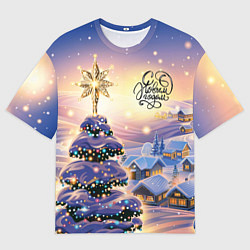 Футболка оверсайз мужская Новогодняя елочка в деревне, цвет: 3D-принт
