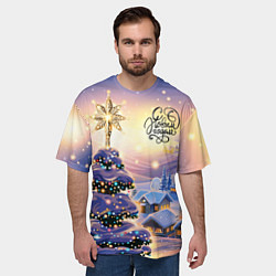 Футболка оверсайз мужская Новогодняя елочка в деревне, цвет: 3D-принт — фото 2