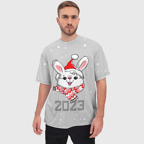 Мужская футболка оверсайз Белый кролик в шарфе 2023 / 3D-принт – фото 3