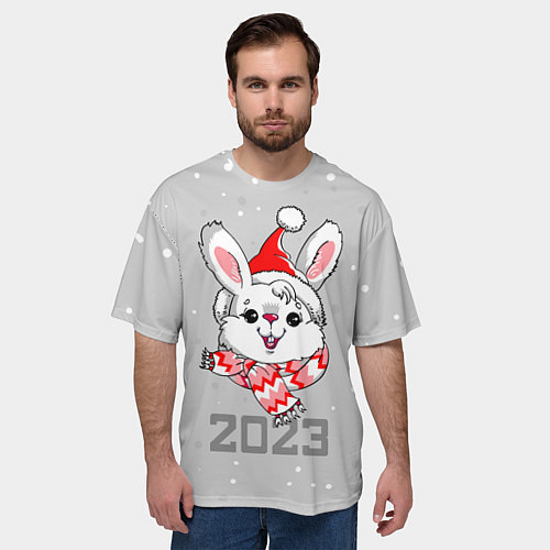Мужская футболка оверсайз Белый кролик в шарфе 2023 / 3D-принт – фото 3
