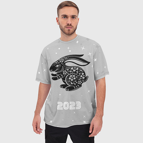 Мужская футболка оверсайз Символ 2023 года черный водяной кролик / 3D-принт – фото 3