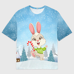 Футболка оверсайз мужская Новогодний зайка с леденцом, цвет: 3D-принт