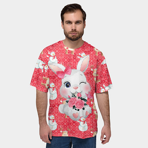 Мужская футболка оверсайз Новый год - зайка с цветами / 3D-принт – фото 3