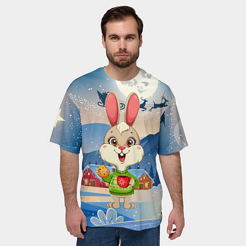 Мужская футболка оверсайз Зайчик с кофе и печеньем / 3D-принт – фото 3