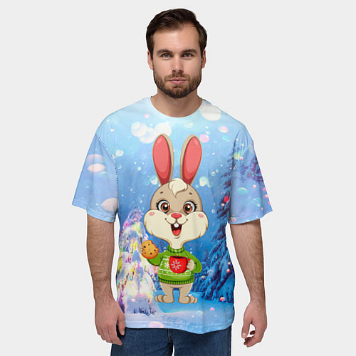 Мужская футболка оверсайз Зайчик с кофе / 3D-принт – фото 3