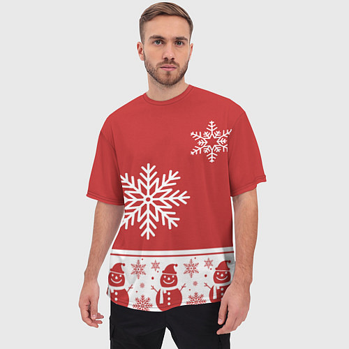 Мужская футболка оверсайз Снеговики в снежинках / 3D-принт – фото 3