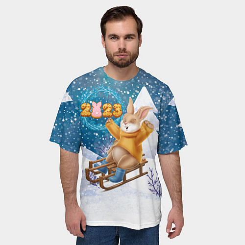 Мужская футболка оверсайз Зайчик на санках 2023 / 3D-принт – фото 3