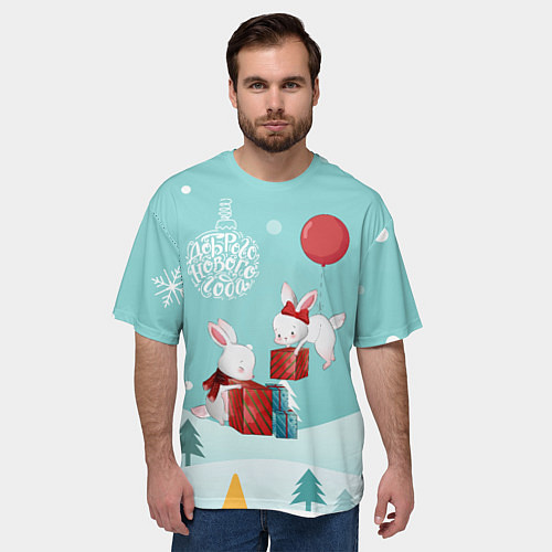 Мужская футболка оверсайз Зайцы упаковывают подарки / 3D-принт – фото 3