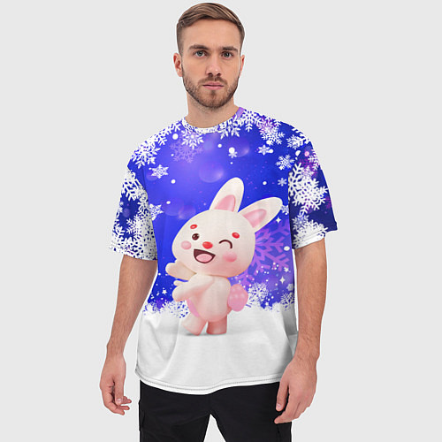 Мужская футболка оверсайз Заяц и снежинки / 3D-принт – фото 3