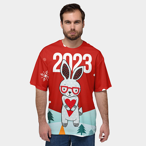 Мужская футболка оверсайз 2023 зайчик с сердечком / 3D-принт – фото 3