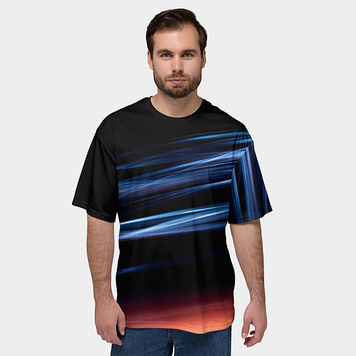 Мужская футболка оверсайз Синие и оранжевые линии во тьме / 3D-принт – фото 3