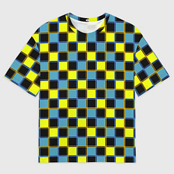 Футболка оверсайз мужская Желто-синий клетчатый яркий неоновый узор, цвет: 3D-принт