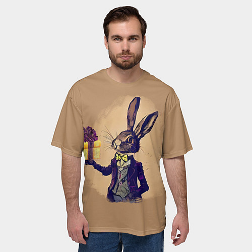 Мужская футболка оверсайз Кролик в костюме с подарком / 3D-принт – фото 3