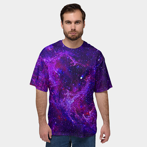 Мужская футболка оверсайз Неоновый космос и звезды / 3D-принт – фото 3