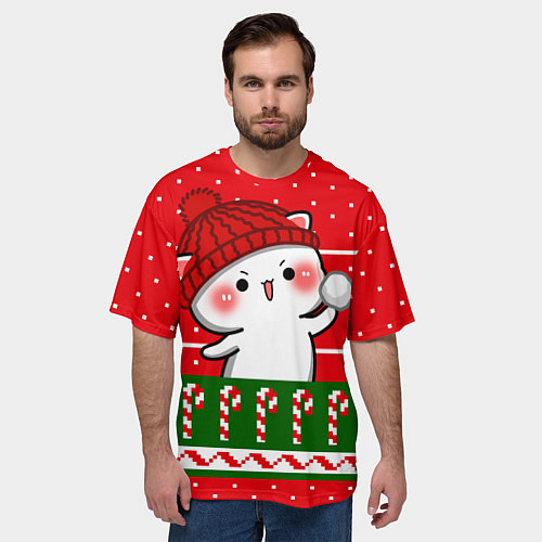 Мужская футболка оверсайз Белый котик - игра в снежки / 3D-принт – фото 3