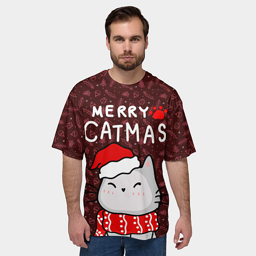 Мужская футболка оверсайз Котик в новогодней шапочке - 2023 / 3D-принт – фото 3