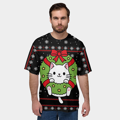 Мужская футболка оверсайз Рождественский венок с котиком / 3D-принт – фото 3