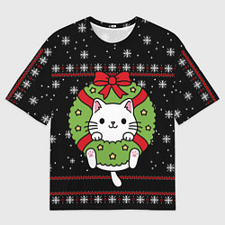 Футболка оверсайз мужская Рождественский венок с котиком, цвет: 3D-принт