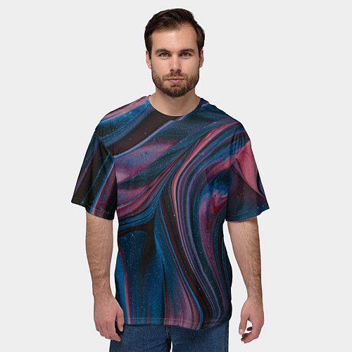 Мужская футболка оверсайз Абстрактные фиолетовые и синие волны с блёстками / 3D-принт – фото 3