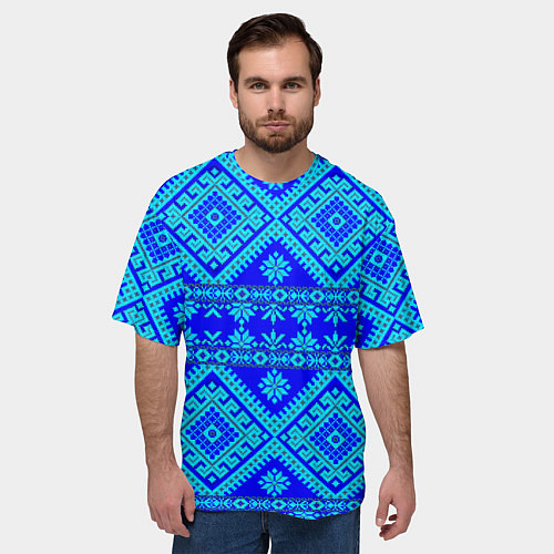 Мужская футболка оверсайз Сине-голубые узоры - вышивка / 3D-принт – фото 3