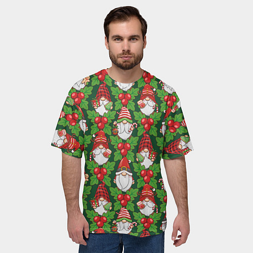 Мужская футболка оверсайз Новогодние гномы - паттерн / 3D-принт – фото 3