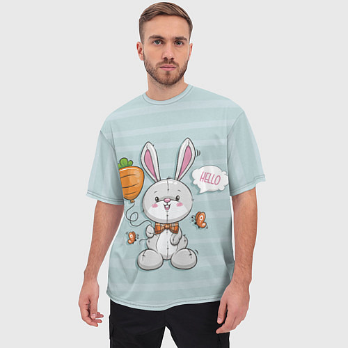 Мужская футболка оверсайз Милый зайка с шариком-морковкой / 3D-принт – фото 3