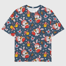 Футболка оверсайз мужская Новогодний паттерн из кроликов, цвет: 3D-принт
