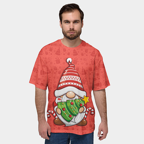 Мужская футболка оверсайз Новогодний гномик с елкой / 3D-принт – фото 3