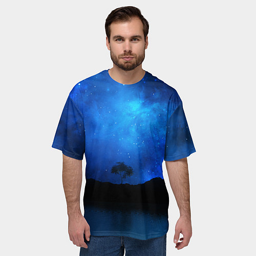 Мужская футболка оверсайз Звездное небо и одинокое дерево / 3D-принт – фото 3