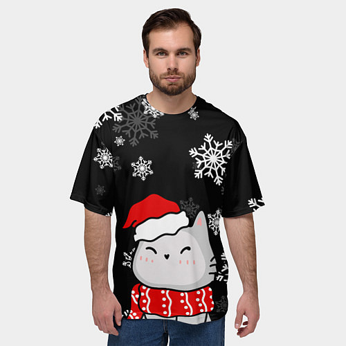 Мужская футболка оверсайз Котик в новогодней шапочке - снежинки / 3D-принт – фото 3
